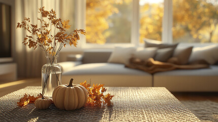 Cozy autumn living room with pumpkins and warm decor