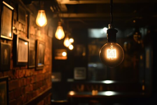 Glowing Edison bulb hangs in dimly lit brick bar