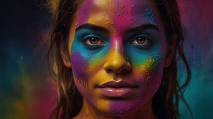 Artistic Depiction Of A Face Half Covered In Bright Holi Powder, With Striking Contrast And Detailed Textures