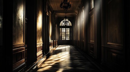 Obraz premium A beautifully lit empty hallway showcasing rich architectural details, soft shadows, and intricate patterns, creating a tranquil and inviting atmosphere.