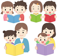 読書をする子供たちと読み聞かせをする家族のイラストセット