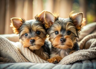 Tiny Yorkie pups snuggled under a cozy blanket; a charming tilt-shift scene.