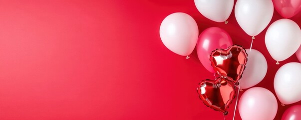 Red foil LOVE balloons with heart-shaped accents floating amidst pink and white balloons creating a cheerful and romantic celebration design