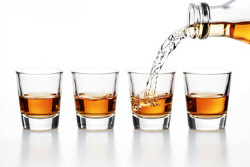 Pouring the perfect pour into four shot glasses for a refreshing drink experience
