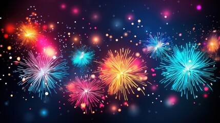 Naklejka premium Colorful Abstract Background with New Year Fireworks Display, Celebratory Sparkles, and Bright Light Effects in a Night Sky
