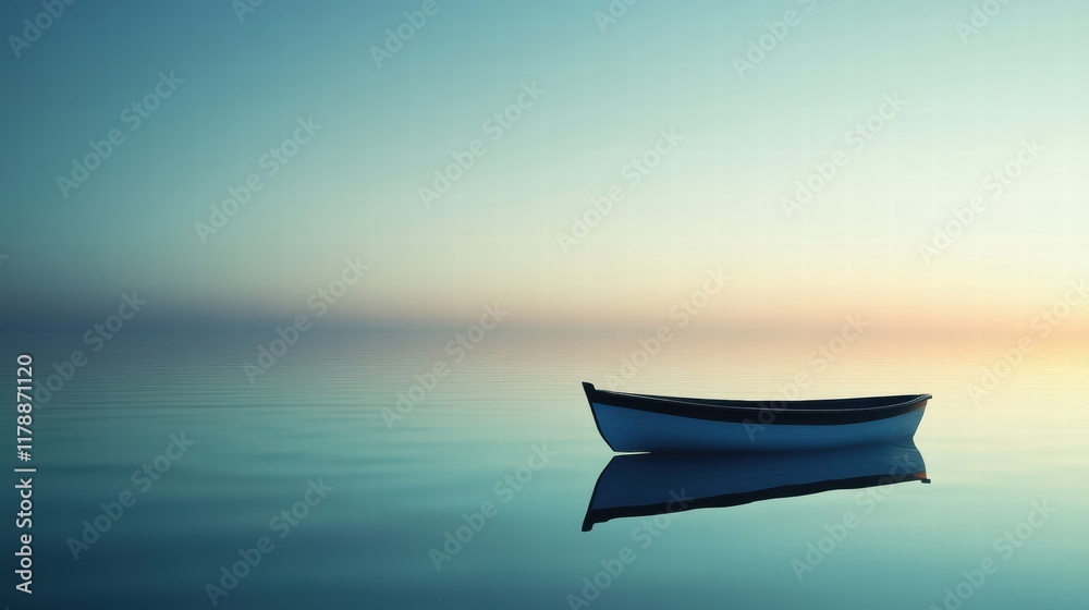 Poster Soft reflections of a simple boat silhouette on calm water with clear copy space for text or design ideas. Generative AI