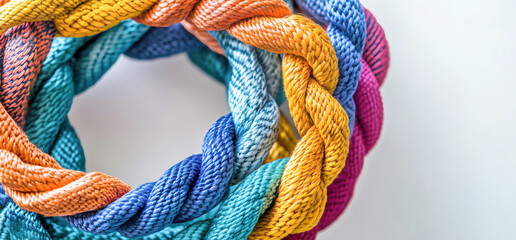 Colorful ropes intertwined to symbolize collaboration and teamwork in a vibrant network on a clean white background