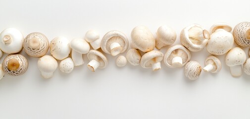 Obraz premium Variety of mushrooms in neutral tones arranged on a clean white surface creating a simple and rustic aesthetic for food or organic visuals