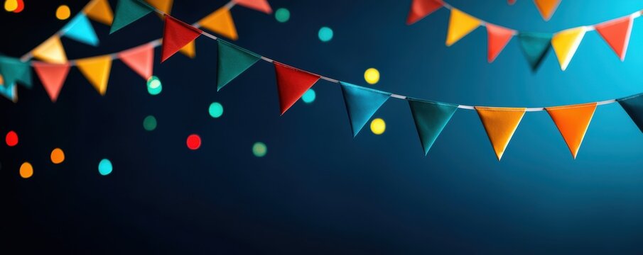 Vibrant triangular bunting flags in red blue green and yellow hanging in rows perfect for party or festive decoration themes with a clean backdrop