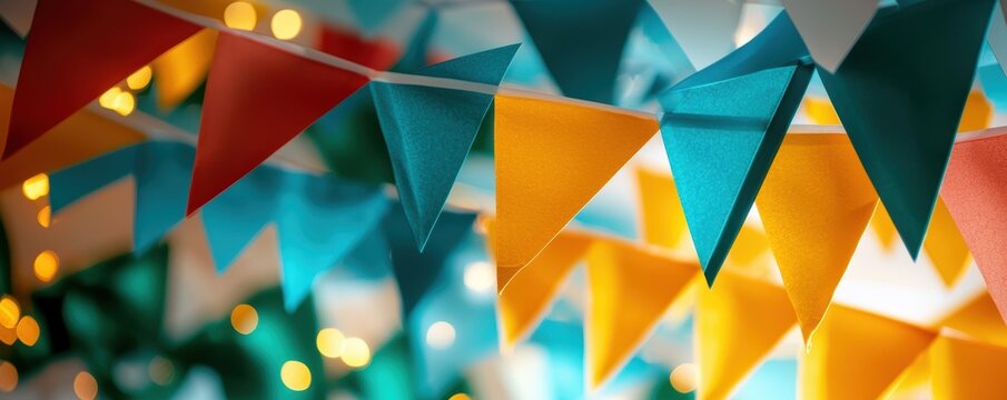 Vibrant triangular bunting flags in red blue green and yellow hanging in rows perfect for party or festive decoration themes with a clean backdrop