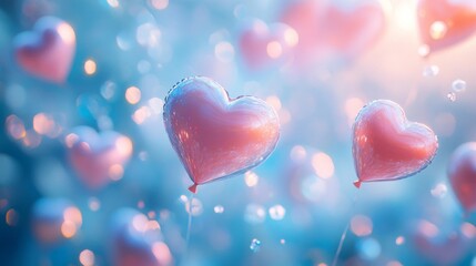 Obraz premium Two Pink Heart Shaped Balloons Float Amongst Blue Lights