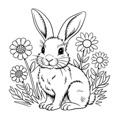 Bunny with Flowers Black and White Illustration