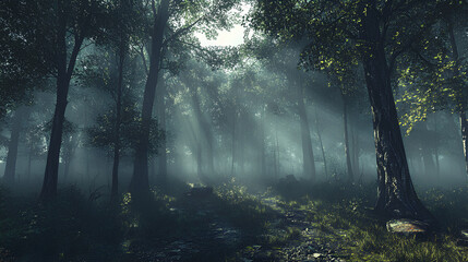 Obraz premium Serene Forest Landscape with Sunlight Streaming Through Trees