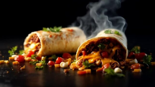 Burritos with cheese and vegetables slow moving b roll footage, slow moving food vidoes