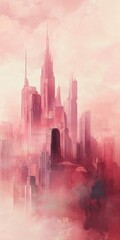 Obraz premium A pink cityscape with a pink building in the middle. The building is surrounded by other buildings and has a pink roof