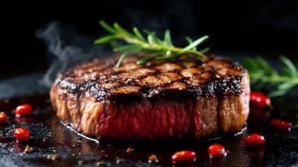 Delicious beef steak b roll footage is shown on a black background, slow motion beef steak grill