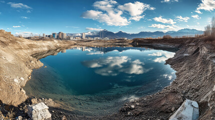 Exploring a stunning flooded quarry with a vibrant city skyline under a clear blue sky