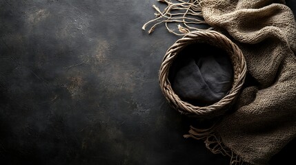 Woven basket newborn photography prop, textured background, cozy studio setup.