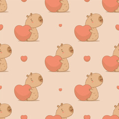 Seamless romantic pattern. Cute happy cartoon capybara with big heart on beige background. Vector illustration. Ornament template valentine.