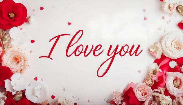 "I love you" written in cursive letters on a white background with flowers - Powered by Adobe