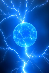 Fototapeta premium Blue electric sphere plasma ball lightning abstract background, with lightning in the dark. 3D rendering, 8k unreal engine photorealism, with white tones