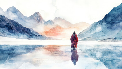 Naklejka premium Lord walks on water towards a white desert surrounded by majestic mountains in serene watercolor hues
