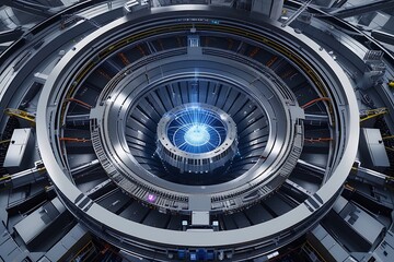 Bird’s-Eye View of Particle Collider representing scale, symmetry, precision, and technology

