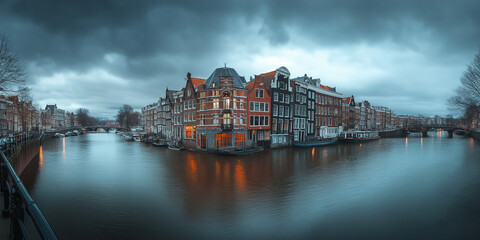 Fototapeta premium Tranquil evening reflections amsterdam cityscape photography canals aerial view urban serenity
