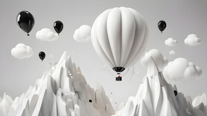 Fototapeta premium 3d render, abstract minimal white and black background with balloon white clouds flying out the tunnel