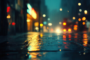 Rainy night in a big city. The illuminated signs of shops and cafes are reflected in the asphalt. View from the sidewalk. Generated by artificial intelligence.