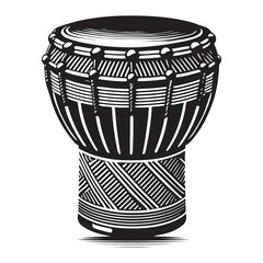 Djembe Silhouette Vector Illustration, Solid White Background.
