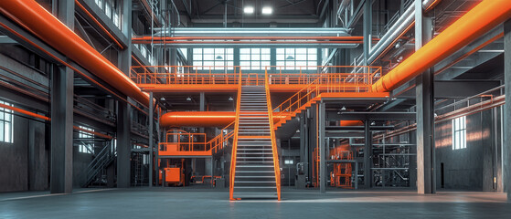 Industrial factory interior showcasing sleek machinery and vibrant orange piping among steel beams and ladders