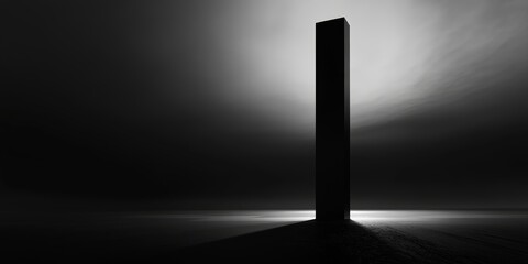 A tall, enigmatic monolith stands in a stark black and white landscape, casting dramatic shadows under a moody sky.