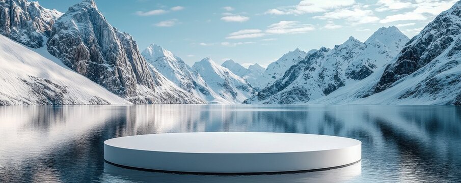 White podium with serene outdoor winter mountain and lake scene