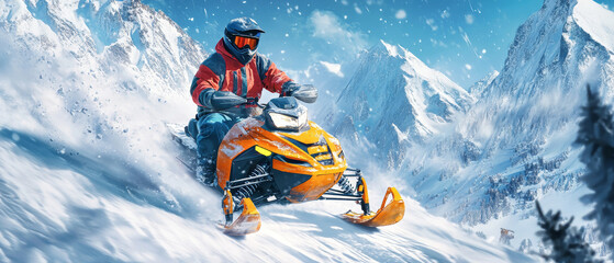 Rider in colorful snowmobile jacket speeds through majestic mountains in a breathtaking winter landscape