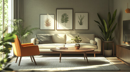 Modern living room with comfortable settee and mid century decor