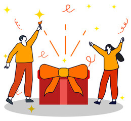 Man and woman celebrate on party with big gift box.  Cartoon flat vector illustration. 