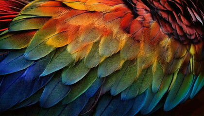 Obraz premium The feathers range from deep reds and oranges to vibrant greens and blues, creating a mesmerizing pattern.