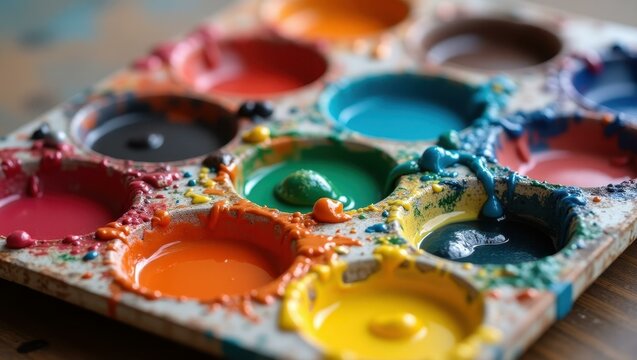 Palette filled with vivid array of mixed paints showcasing artist’s diverse color selection , Professional stock photo, AI generated photograph