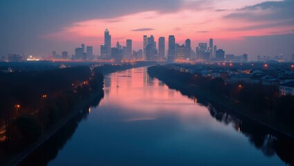 Fototapeta premium Esg fintech Water positive Onvest Smart waste management sbti Bandot ifree Worldline Endowus Northspyre Sunset cityscape with modern skyscrapers and river reflection, urban skyline view for travel, b