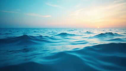 Calm deep blue ocean waves under colorful sunset sky, peaceful water surface, marine nature background for travel, relaxation, summer vacation, horizon view, tranquil seascape atmosphere