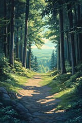 Obraz premium Sunlit forest path surrounded by tall trees, leading to a distant mountain view. Perfect for nature and tranquility themes.