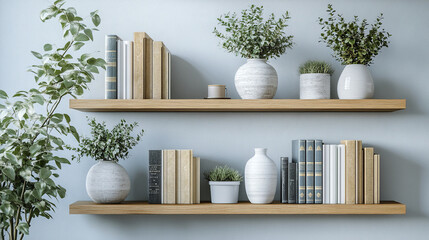 Wooden shelves with books and plants in bright room