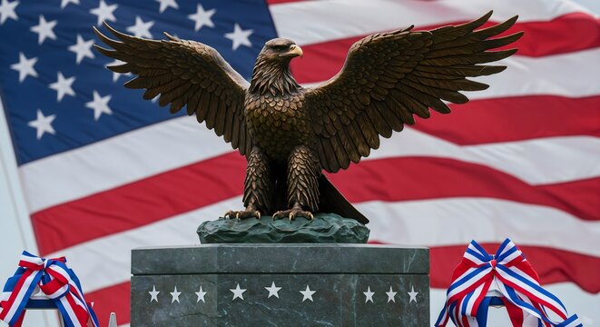Majestic eagle statue made of bronze, standing proudly on a star engraved pedestal surrounded by red, white, and blue ribbons with the American flag waving in the background for a patriotic tribute