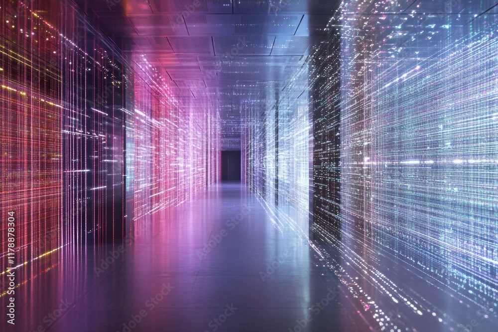 Poster explore a futuristic data visualization space featuring vibrant streams of light and intricate digit