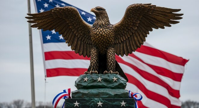 Bronze eagle statue with wings spread wide, standing on a star engraved pedestal with the American flag waving proudly in the background - creating a patriotic and symbolic Presidents' Day scene