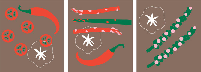 Abstract appetizing Vegetables collection. Decorative abstract horizontal banner with colorful doodles. Hand-drawn modern illustrations with Vegetables, abstract elements. Cucumber, peas, pepper.	
