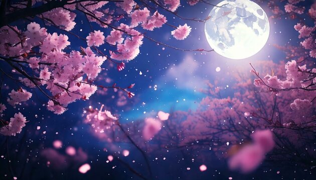 満月の月明かりに照らされ、花びらが舞い散る満開の夜桜のイラスト