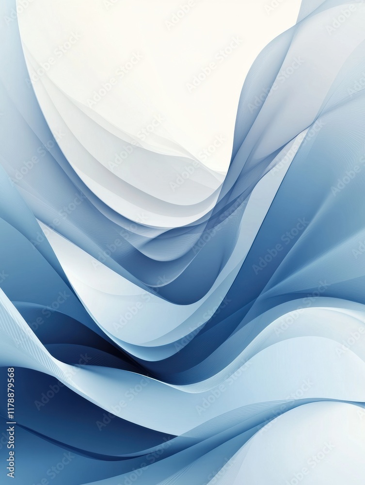 Poster abstract portrayal of flowing waves with varied heights in soft blue shades against a light backgrou