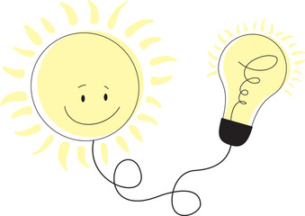 Solar energy. Sun connected to lightbulb. Alternative clean energy concept. Vector illustration